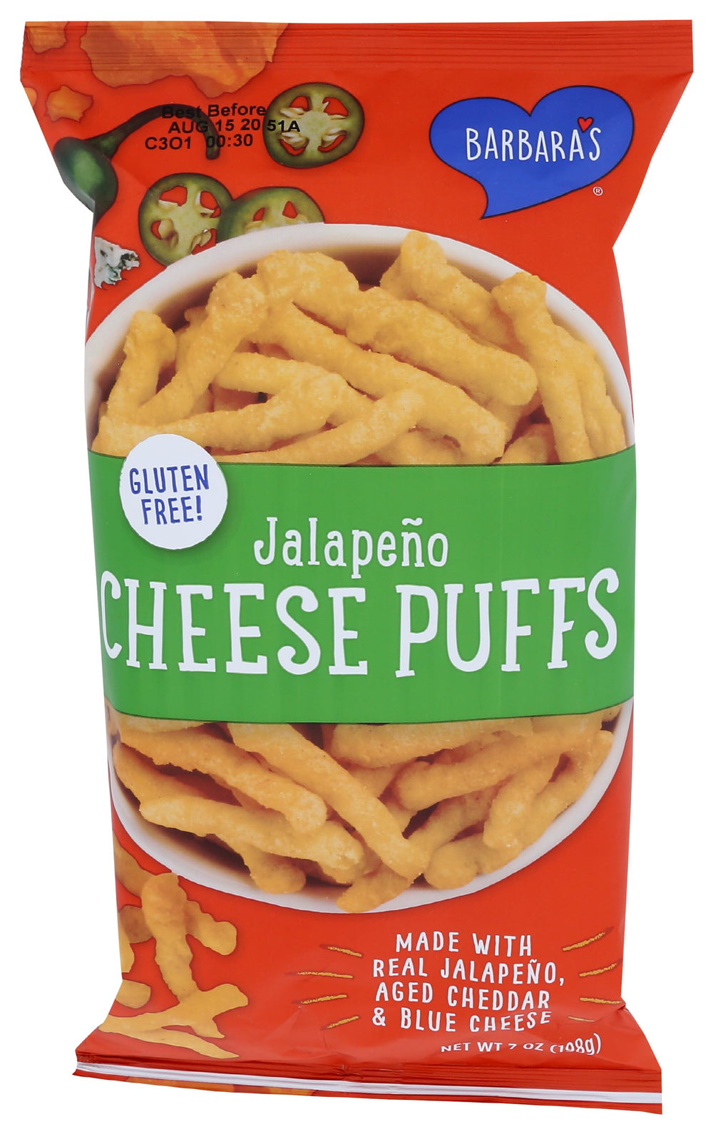 Barbara's Bakery Puffs Cheese Jalapeno packaging showing organic, convenient snacking option