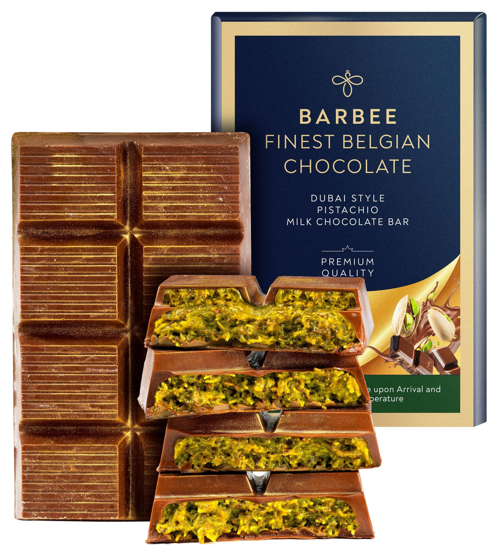 BARBEE Dubai Chocolates pistachio milk chocolate bar with knafeh center, premium texture.