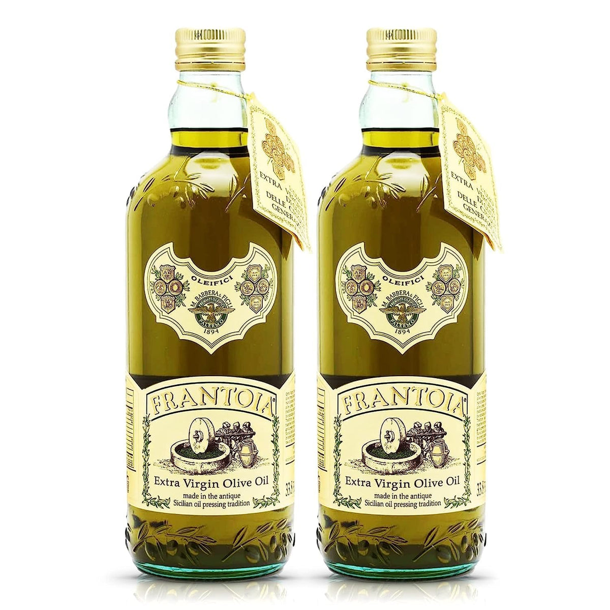Barbera Frantoia olive oil bottle 1L on kitchen counter, great for finishing seafood