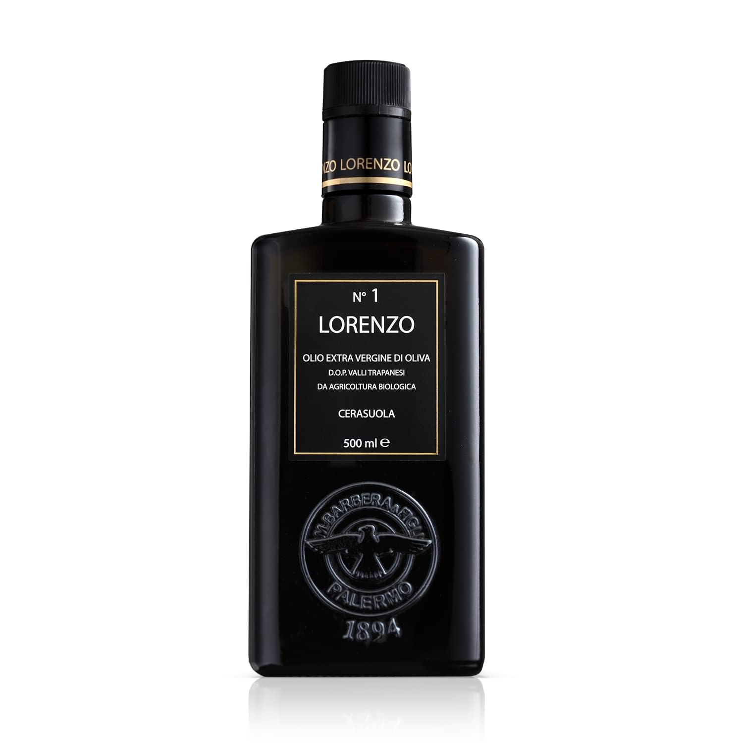 Barbera Lorenzo N°1 olive oil bottle displayed for gourmet cooking and premium flavor.