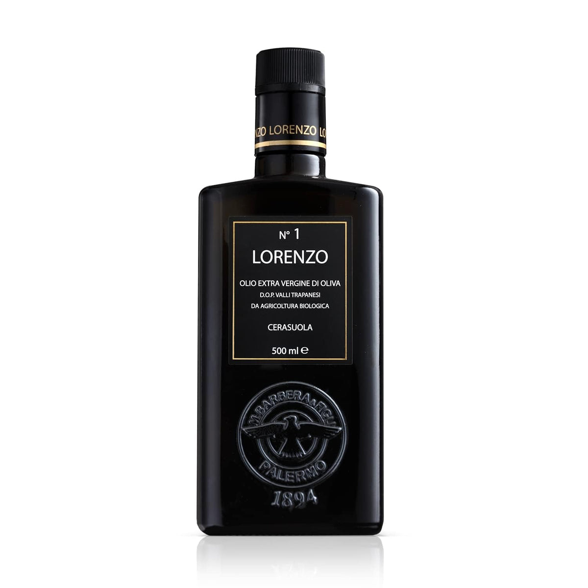 Barbera Lorenzo N°1 olive oil bottle displayed for gourmet cooking and premium flavor.