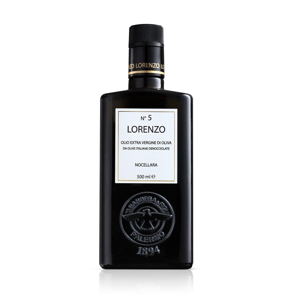 Barbera Lorenzo No.5 olive oil bottle on a shelf for everyday cooking.