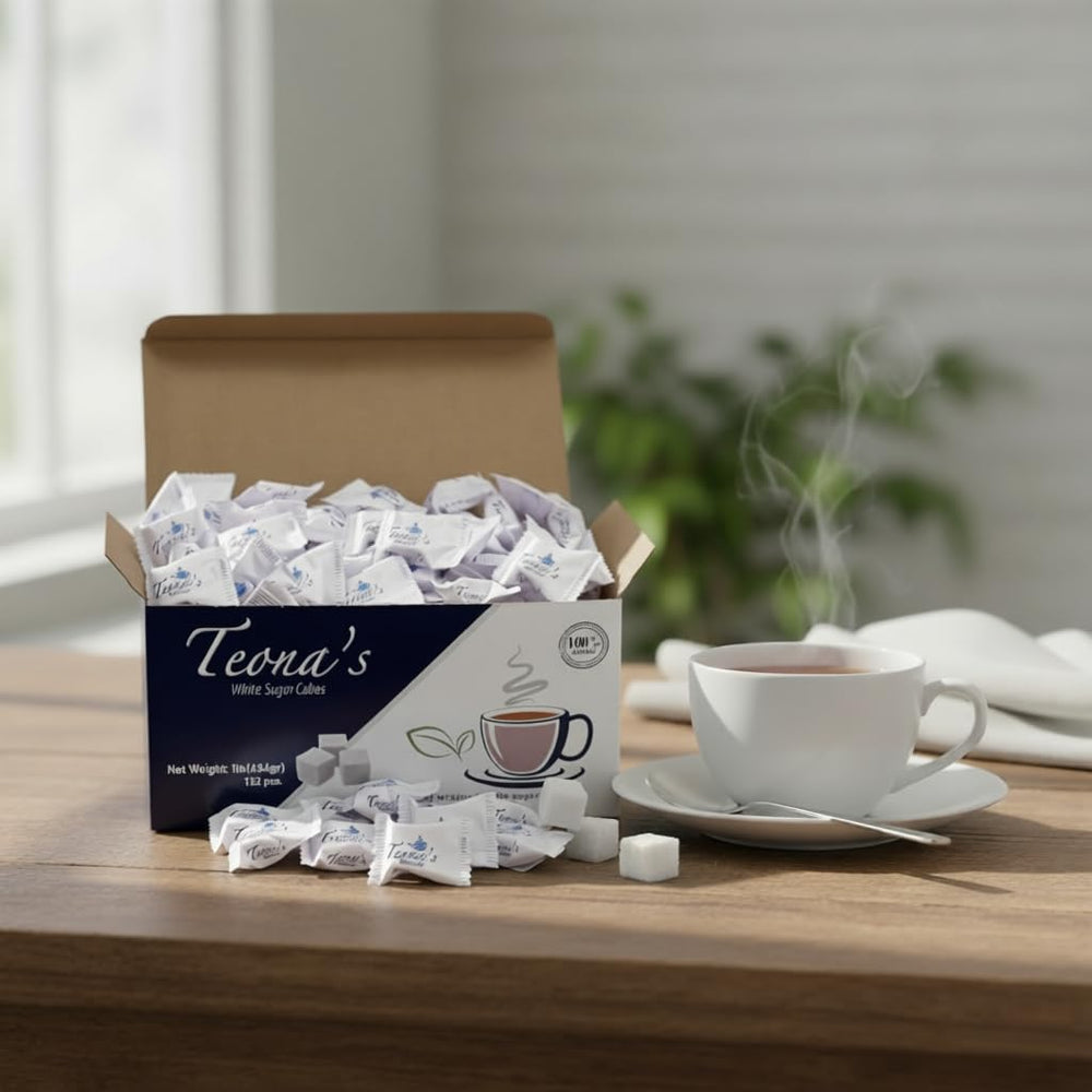 Teona's white sugar cubes in a boxed presentation for elegant, hygienic serving.