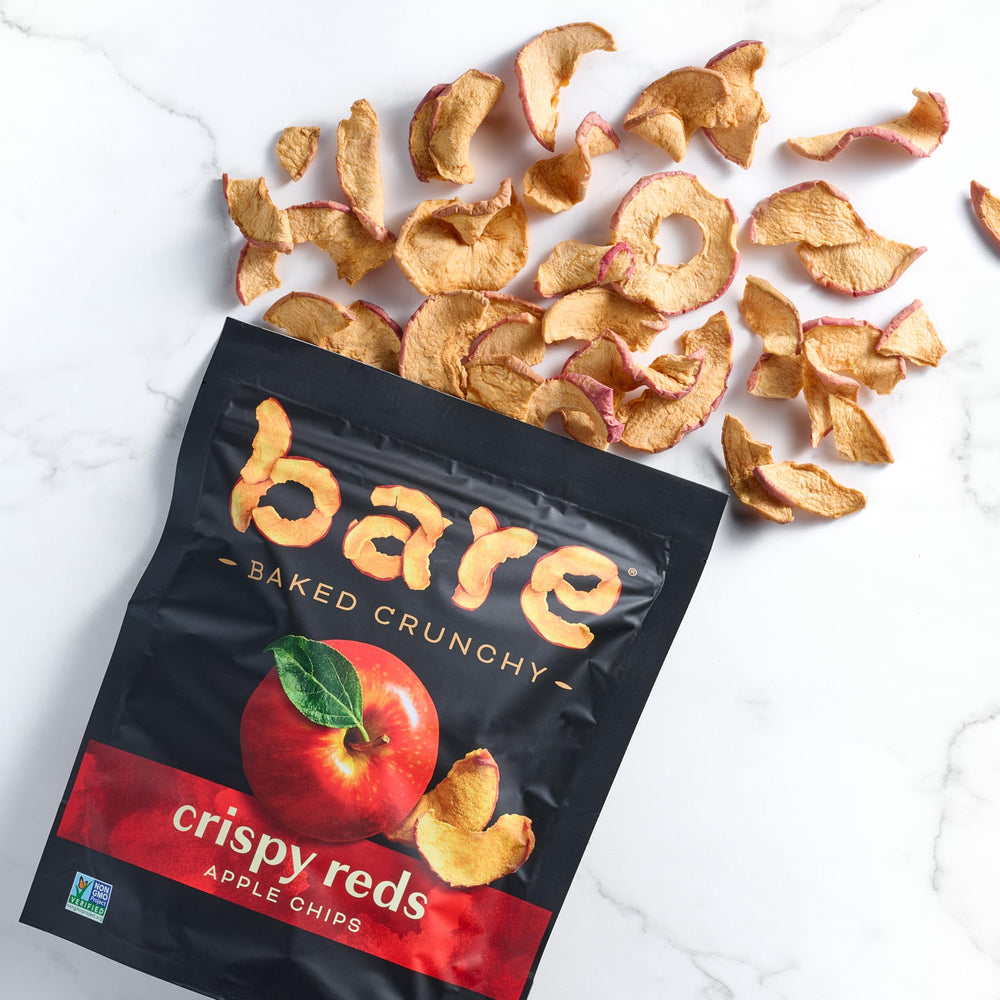 Bare Baked Crunchy Apple Chips Cinnamon bags emphasize flavor variety.