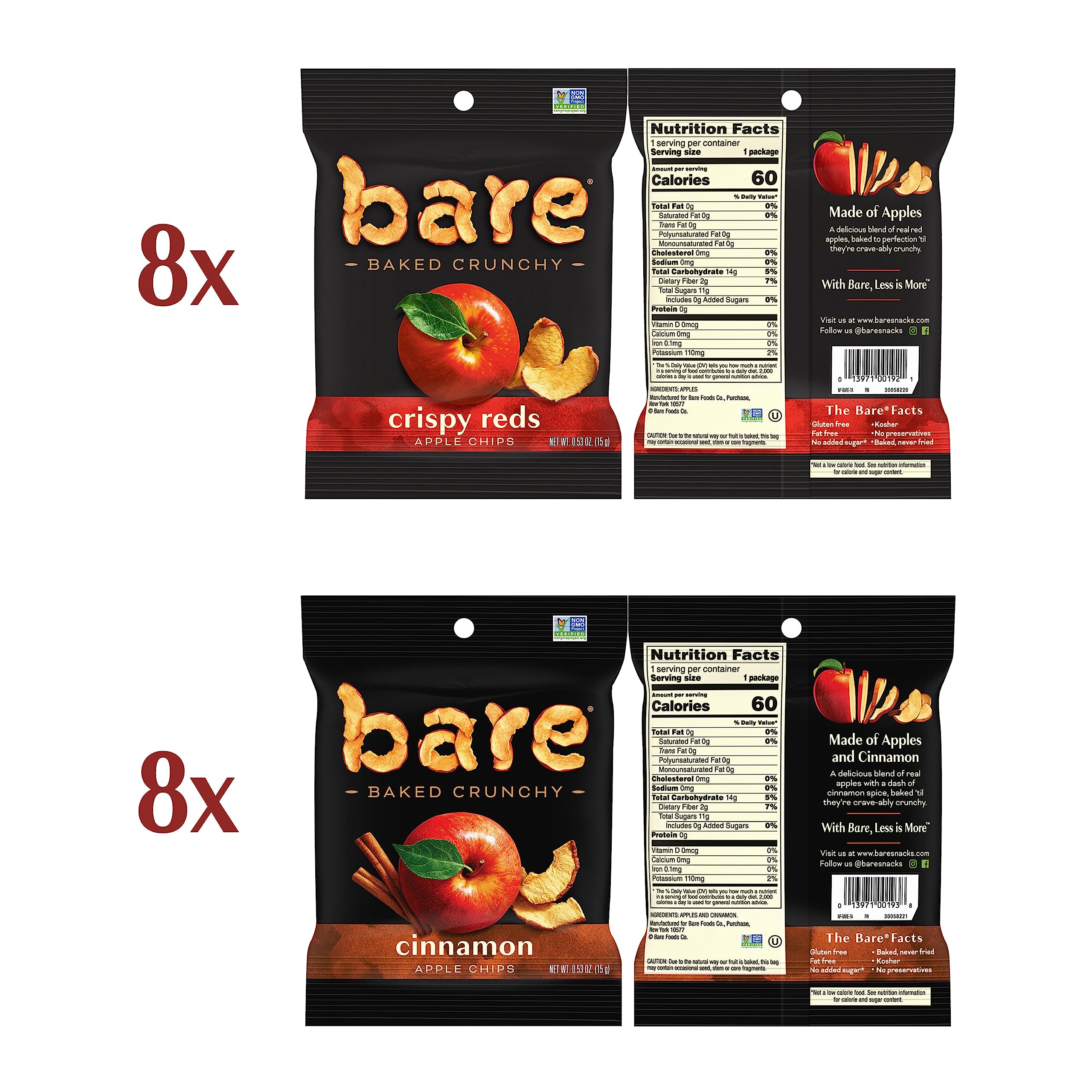 Bare Baked Crunchy Apple Chips Cinnamon pack-front highlighting variety for easy snacking.