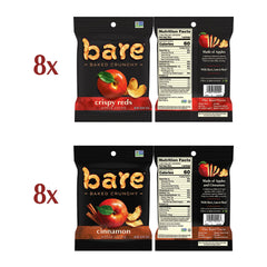 Bare Baked Crunchy Apple Chips Cinnamon pack-front highlighting variety for easy snacking.