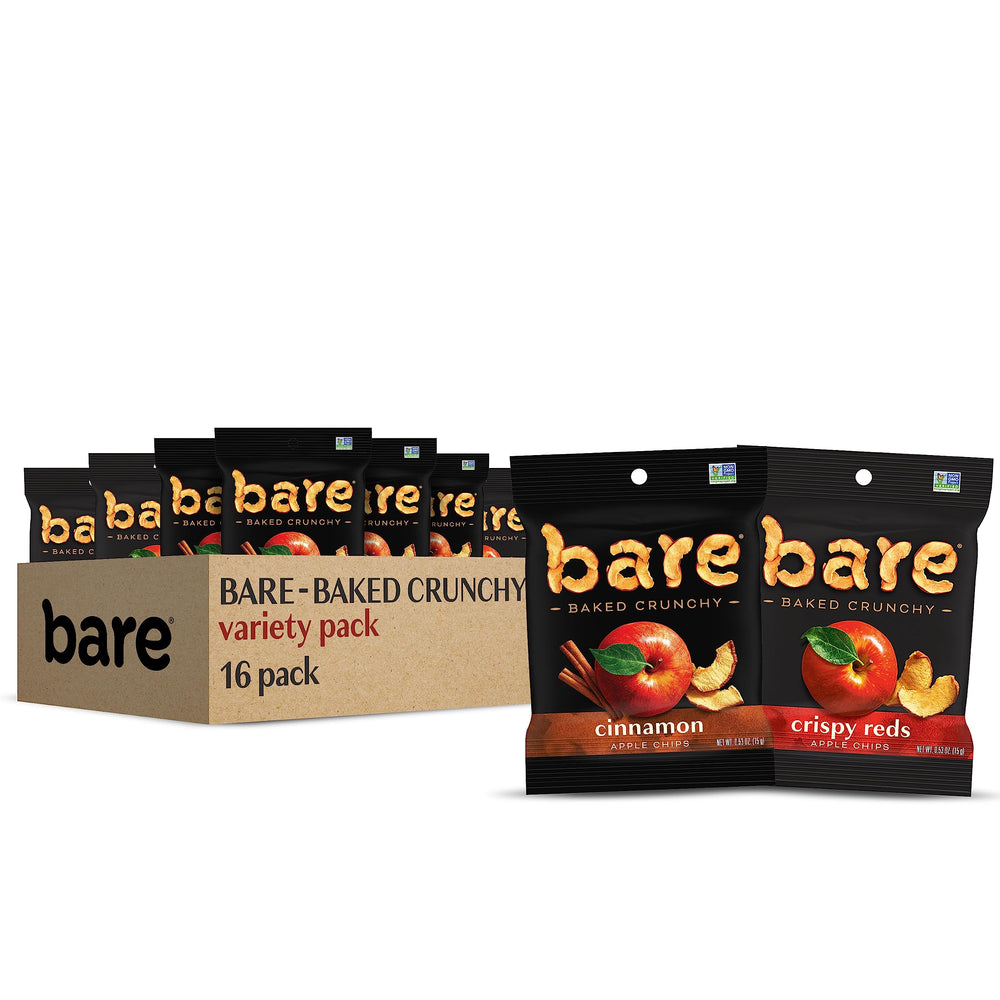 Bare Baked Crunchy Apple Chips Fujis Reds pack-front showing a grab-and-go snack.