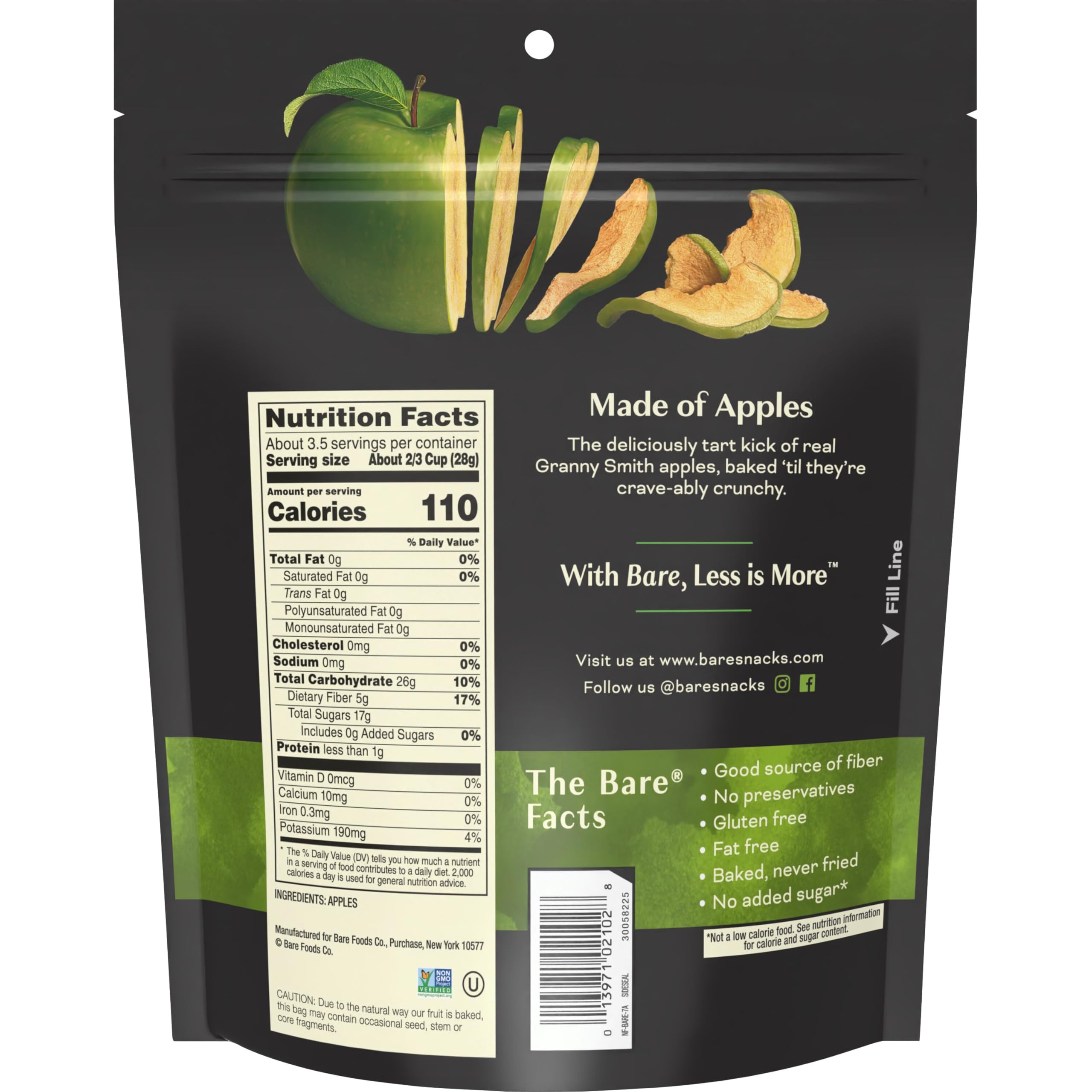 Bare Baked Crunchy Apple Chips bag close-up, crisp snack for on-the-go