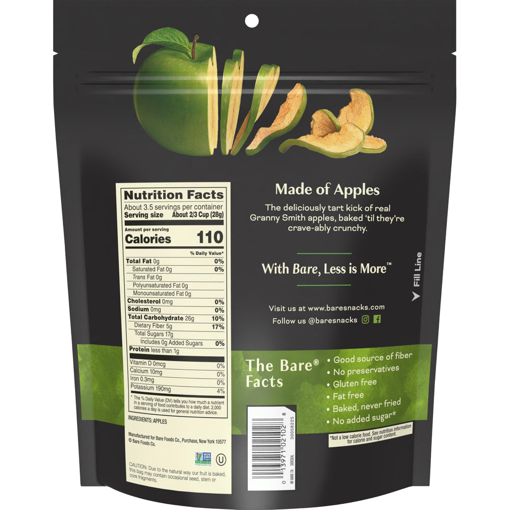 Bare Baked Crunchy Apple Chips bag close-up, crisp snack for on-the-go