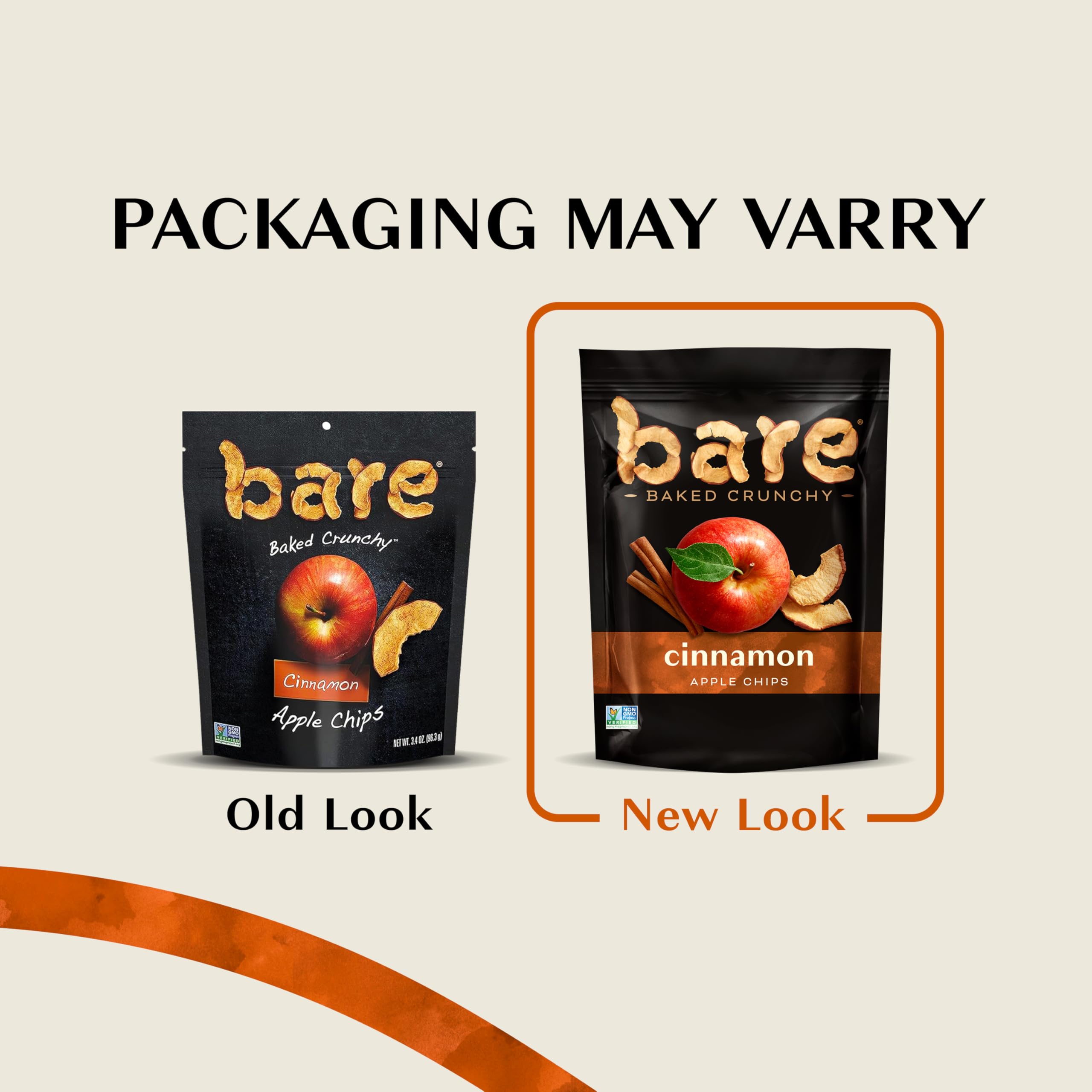 Bare Baked Crunchy Apples Cinnamon transparent bag shows crunch and fresh aroma.