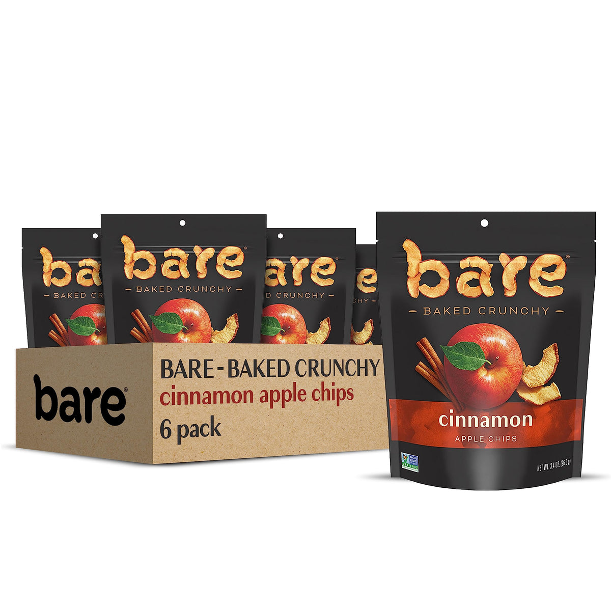 Bare Baked Crunchy Apples Cinnamon pack front with six resealable bags for easy on-the-go snacking.