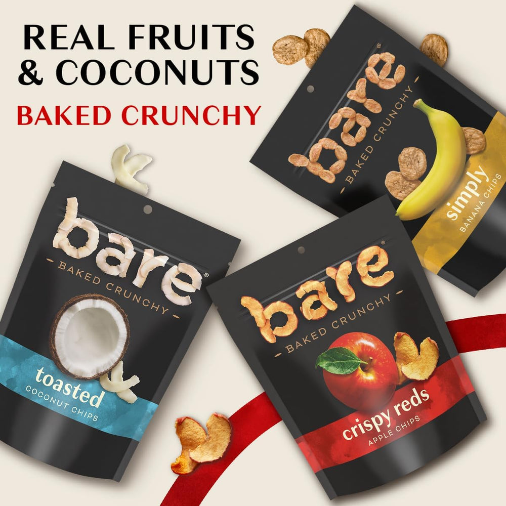 Bare Baked Crunchy Banana Chips resealable bag keeps snacks fresh.