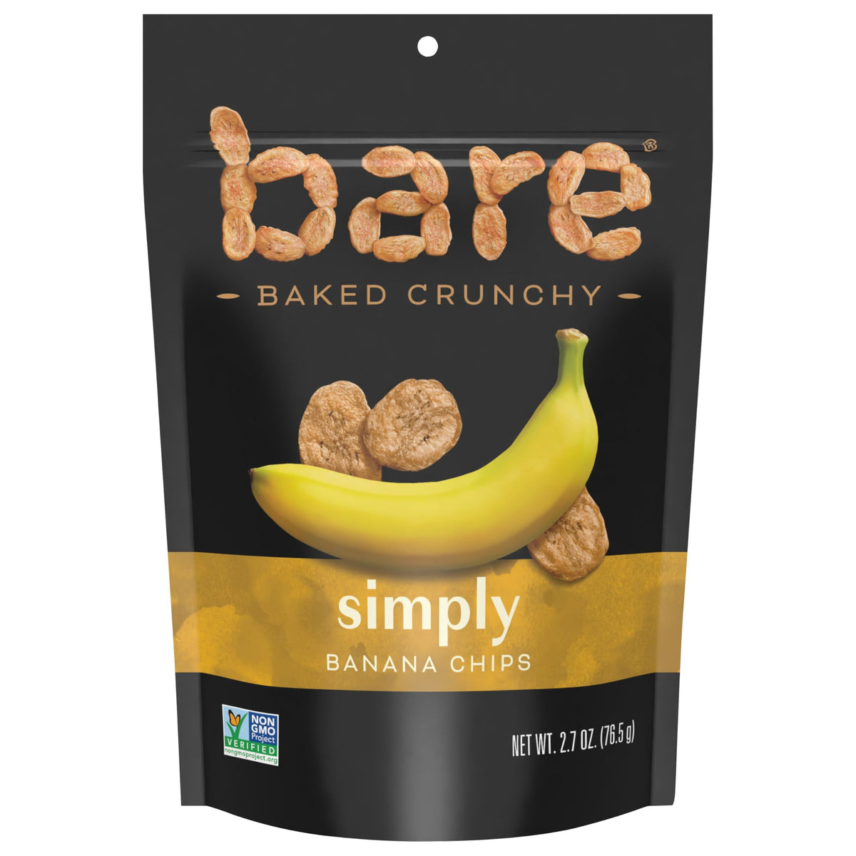 Bare Baked Crunchy Banana Chips Simply Banana bag, a portable snack with satisfying crunch.