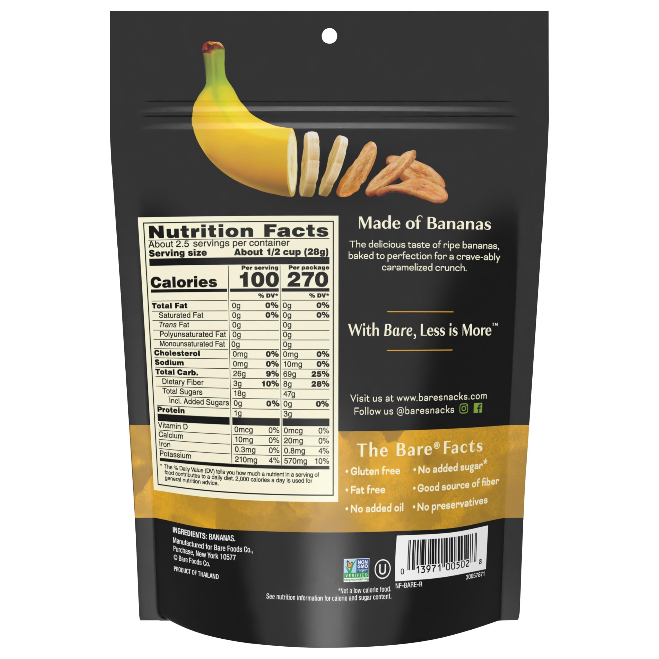 Bare Baked Crunchy Banana Chips texture close-up shows golden crunch for snacking.