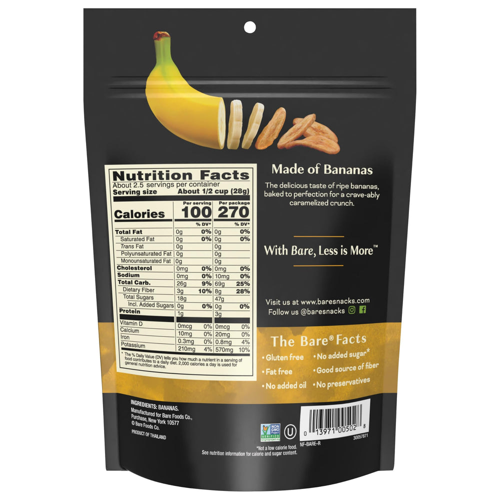 Bare Baked Crunchy Banana Chips texture close-up shows golden crunch for snacking.