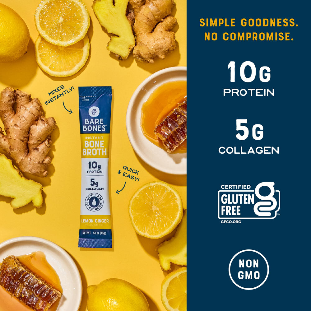 Bare Bones bone broth with 5g collagen supports savory hydration.