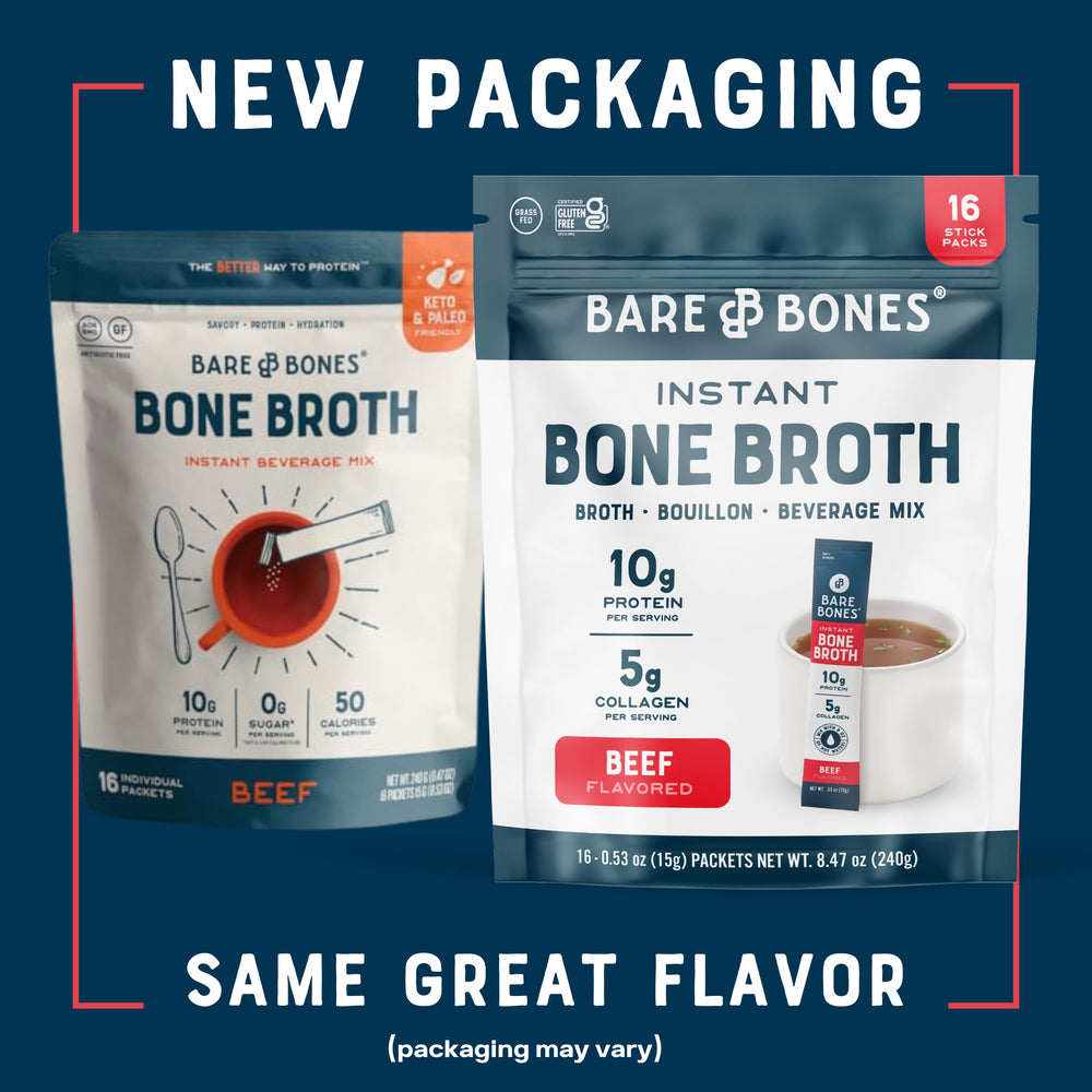 Bare Bones instant packet close-up highlighting savory aroma and premium ingredients