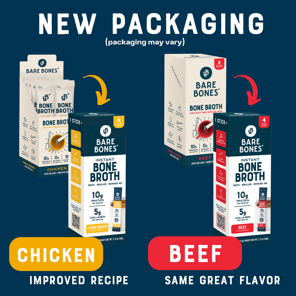 Bare Bones Bone Broth chicken stick packet showing single-serve protein boost
