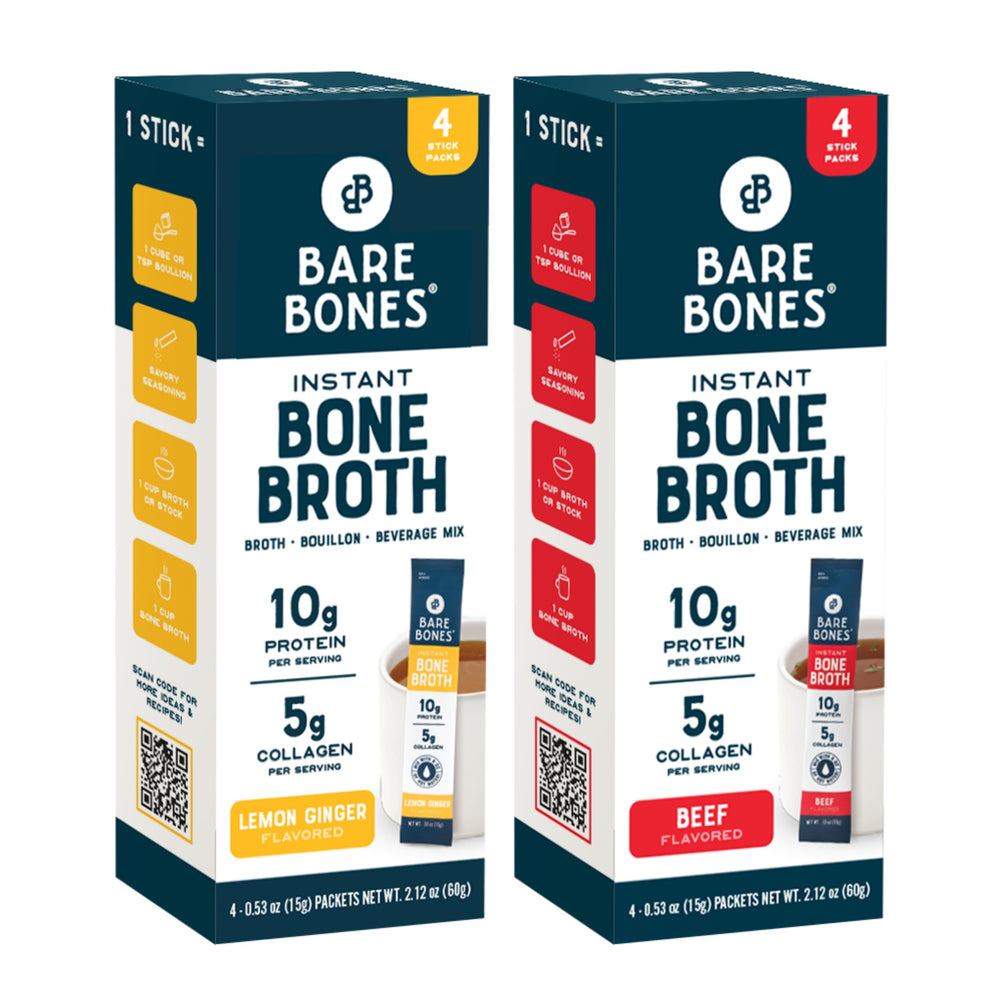 Bare Bones Bone Broth packaging front view highlighting on-the-go convenience