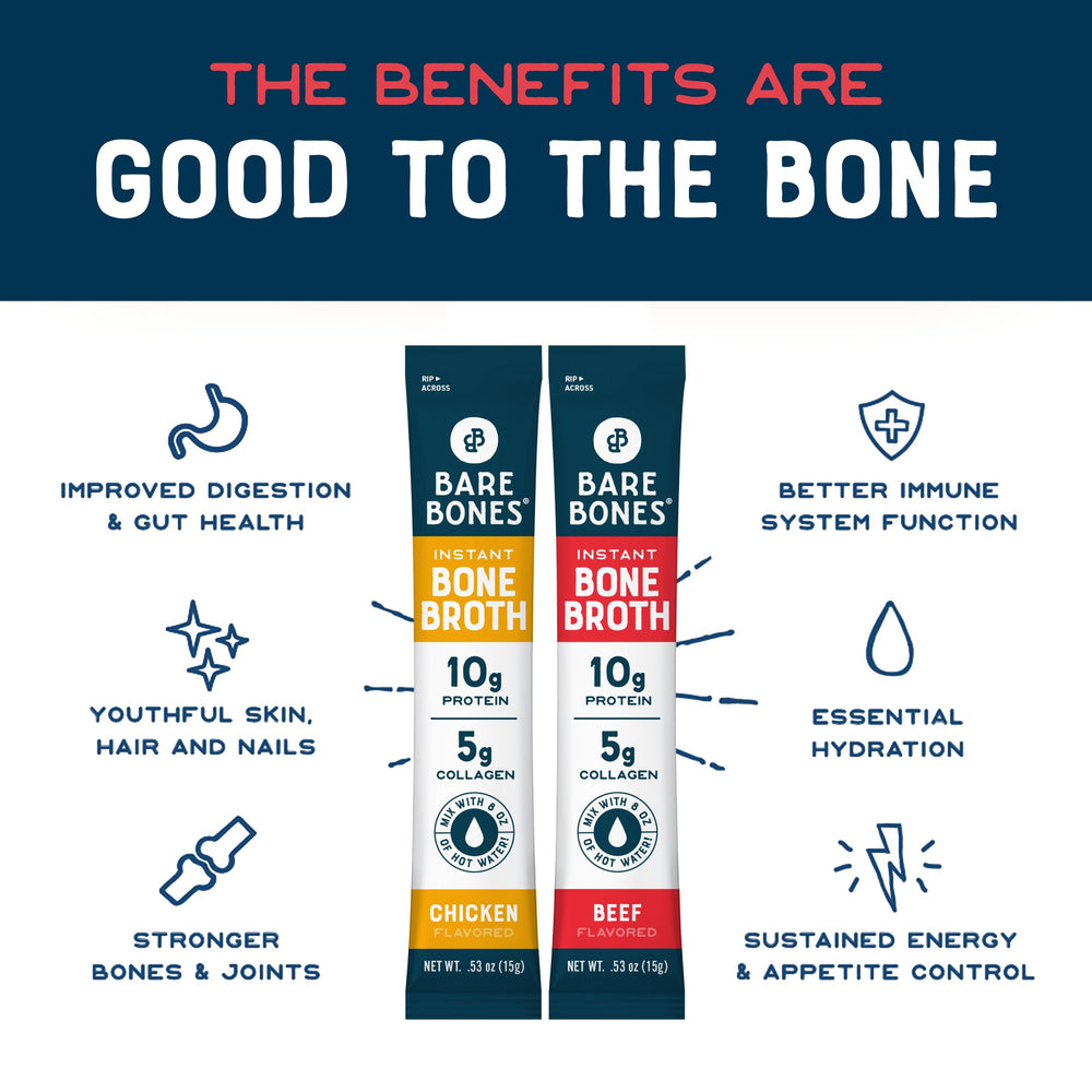 Bare Bones Bone Broth variety-pack display with four chicken and four beef sticks