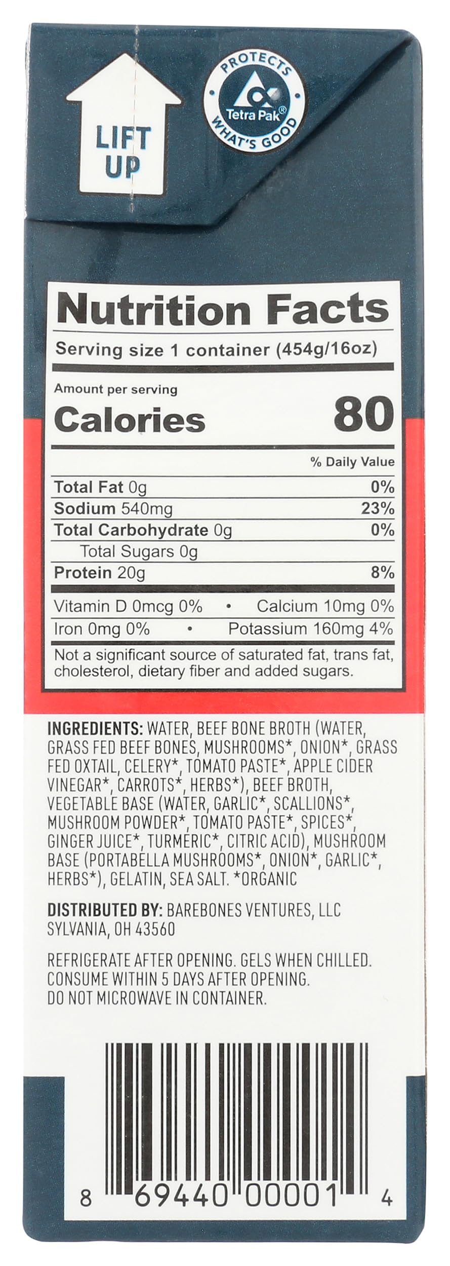 Bare Bones Beef Bone Broth Classic label closeup highlights BPA-free packaging