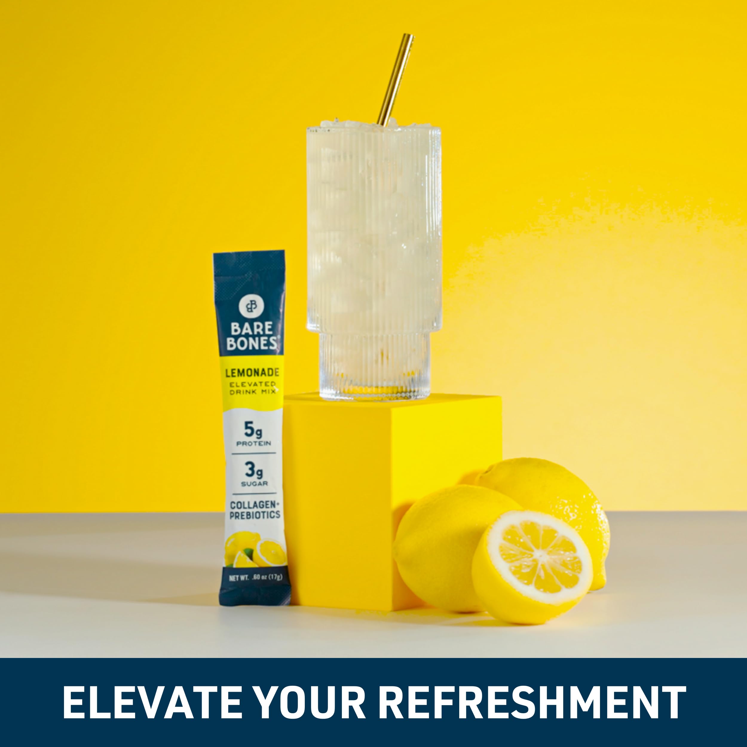 Bare Bones Lemonade Elevated Drink Mix crisp citrus flavor in a packet.