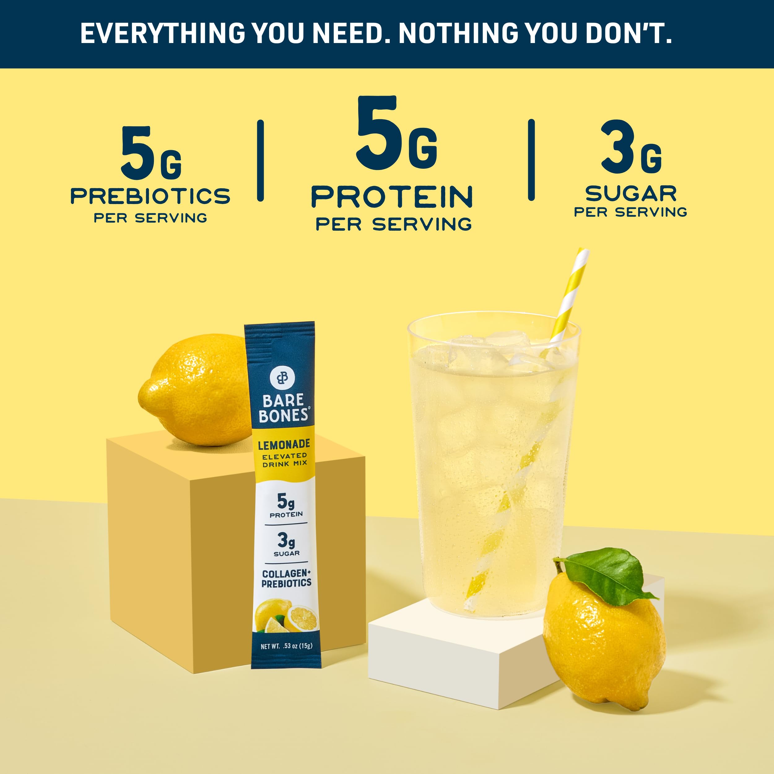 Bare Bones Lemonade Elevated Drink Mix dissolves quickly in water for a crisp sip.