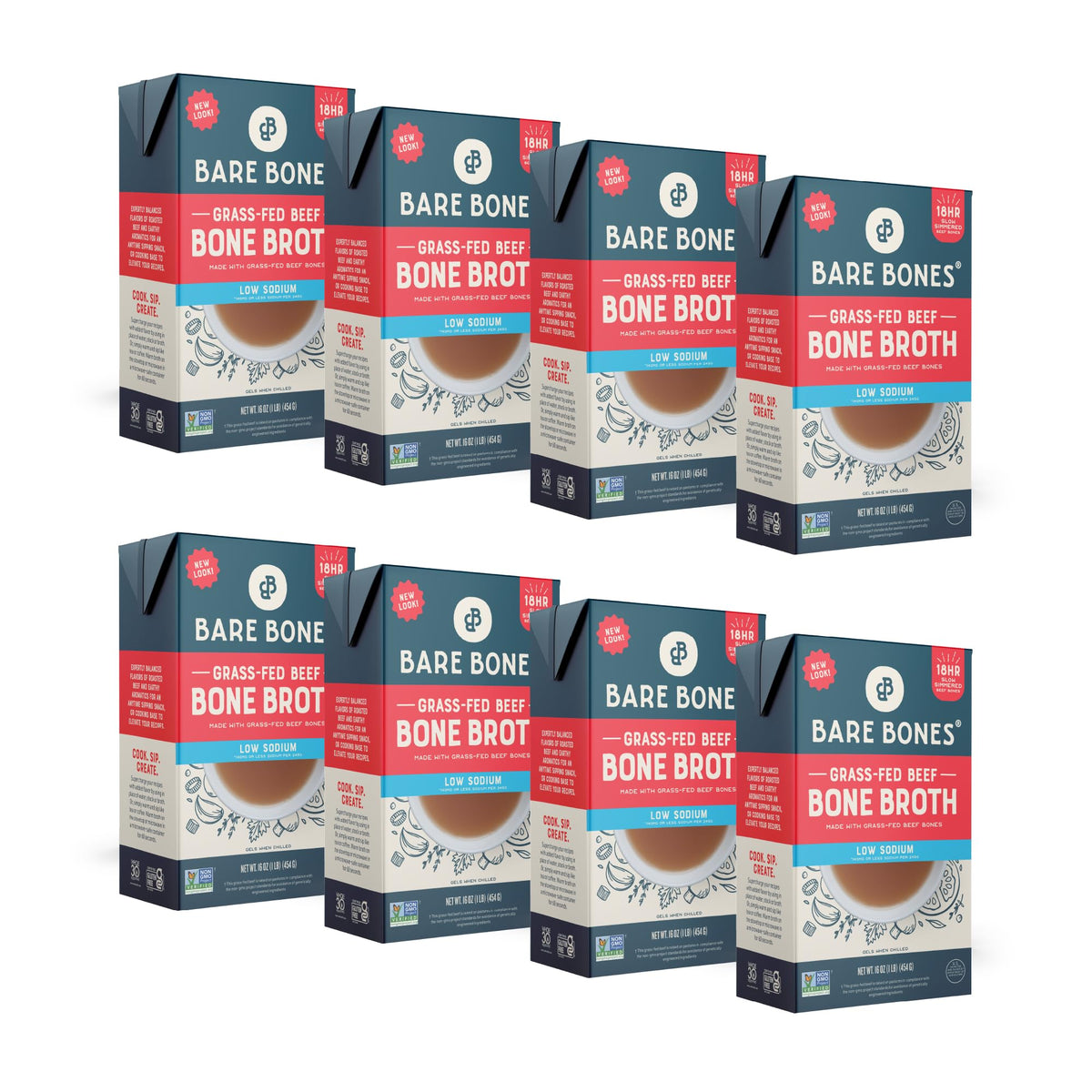 Bare Bones low-sodium beef bone broth pour shows easy pour with twist-cap for convenient use.