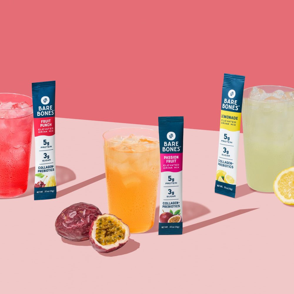 Bare Bones On-the-go Drink Mix packets for easy hydration anywhere.