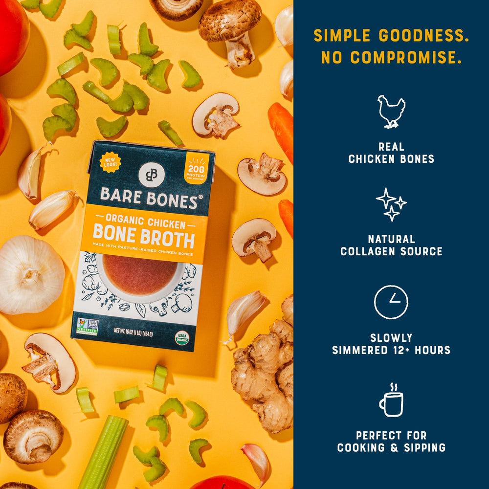 Bare Bones Organic Chicken Bone Broth back label with sourcing and nutrition details