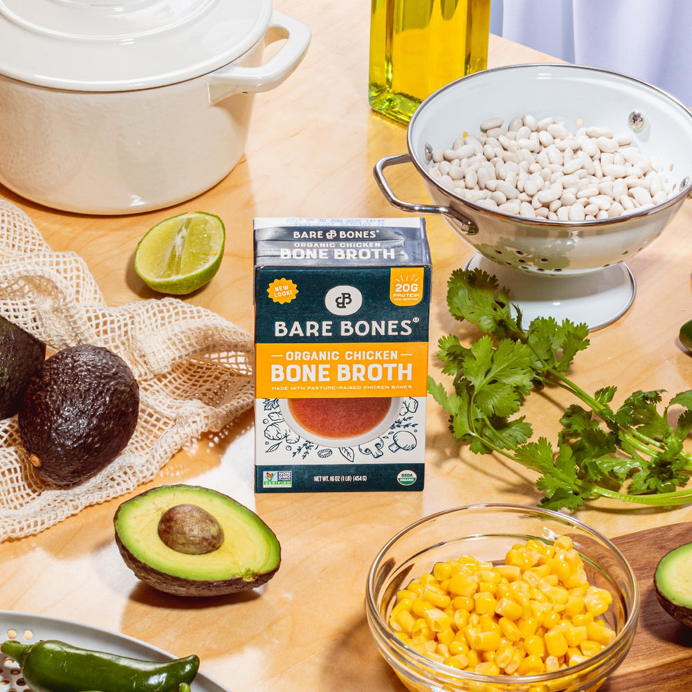 Bare Bones Organic Chicken Bone Broth serving, convenient pantry staple