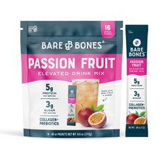 Bare Bones Passion Fruit Elevated Drink Mix packet delivering vibrant flavor for on-the-go hydration.