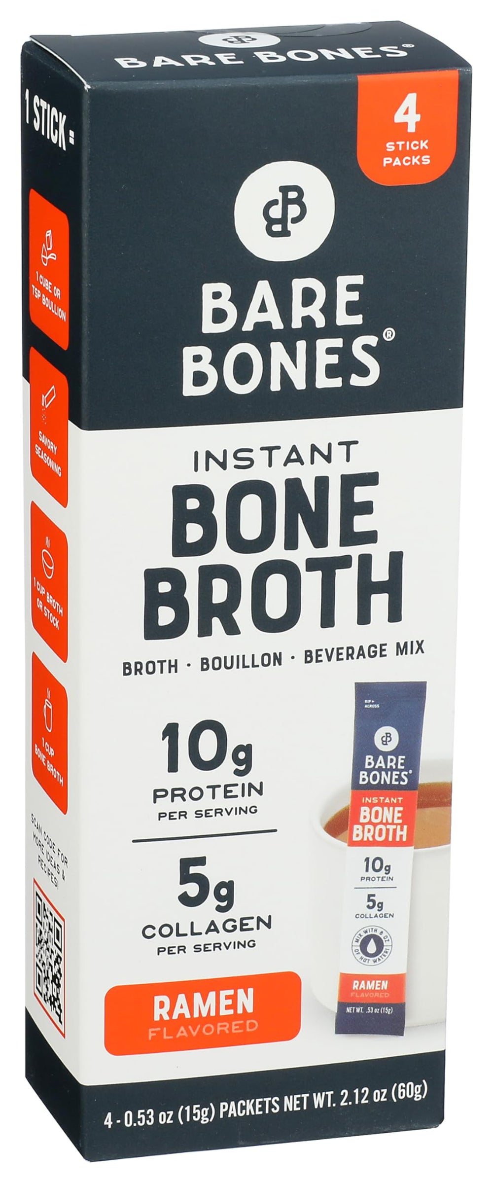 Bare Bones Ramen bone broth instant packets on shelf, convenient protein boost.