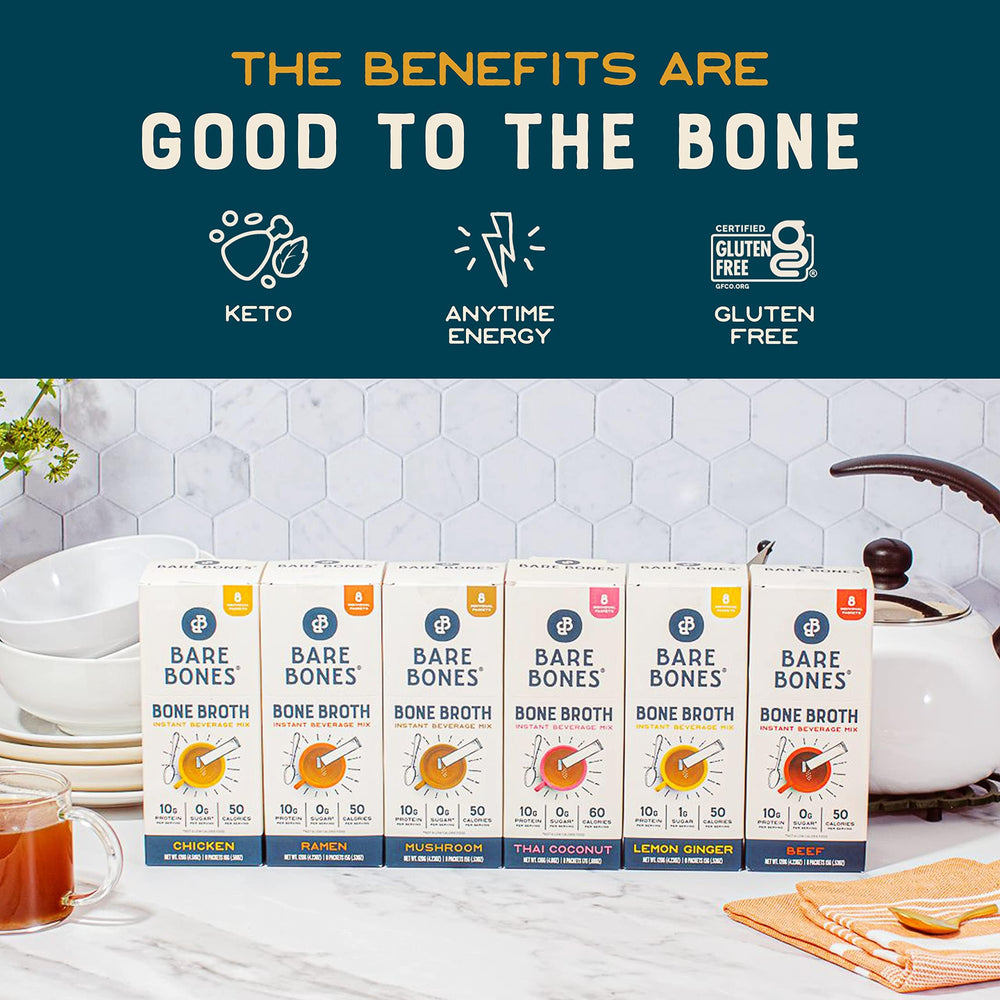 Bare Bones Ramen bone broth setup on kitchen counter for quick prep.