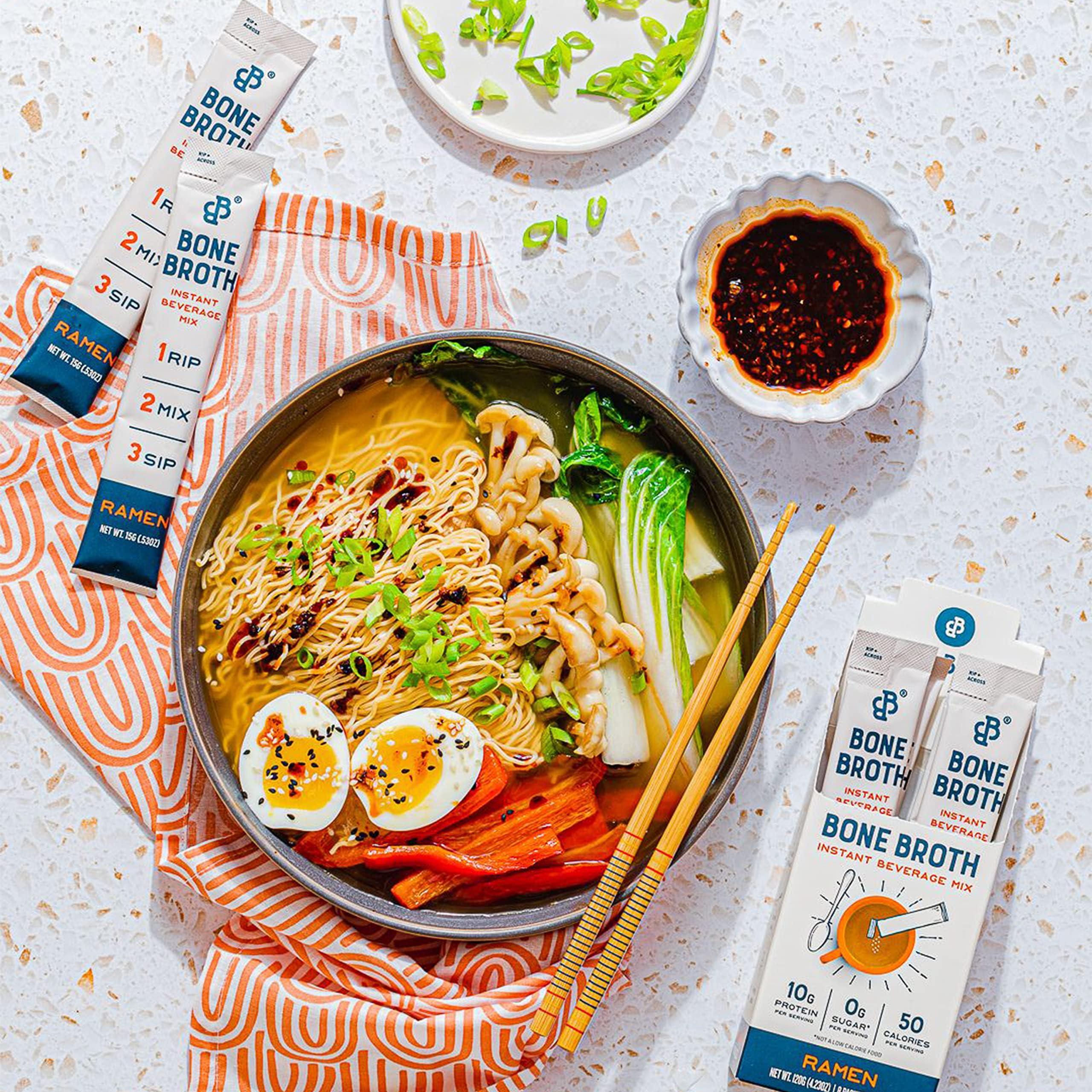 Bare Bones Ramen on-the-go pack in bag for travel.