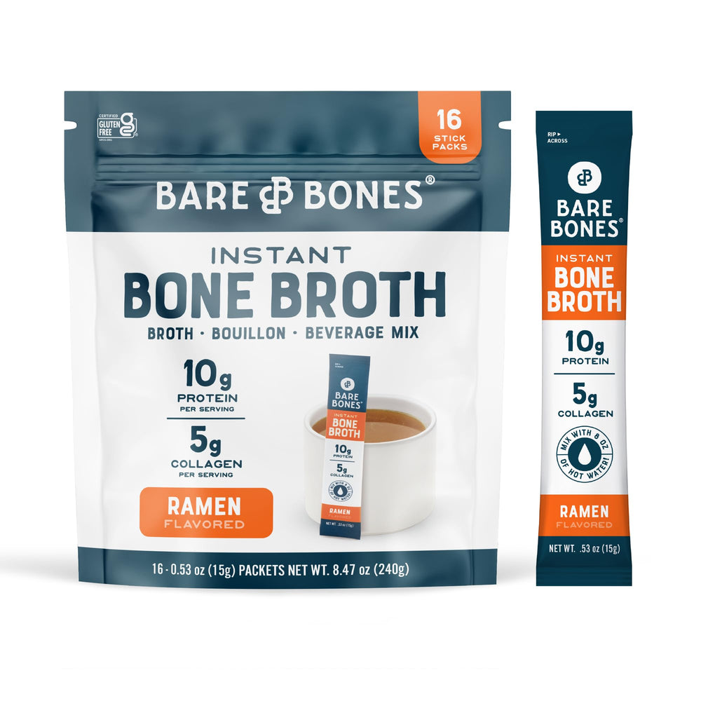 Bare Bones Ramen bone broth packet with savory aroma ready to pour into hot water.