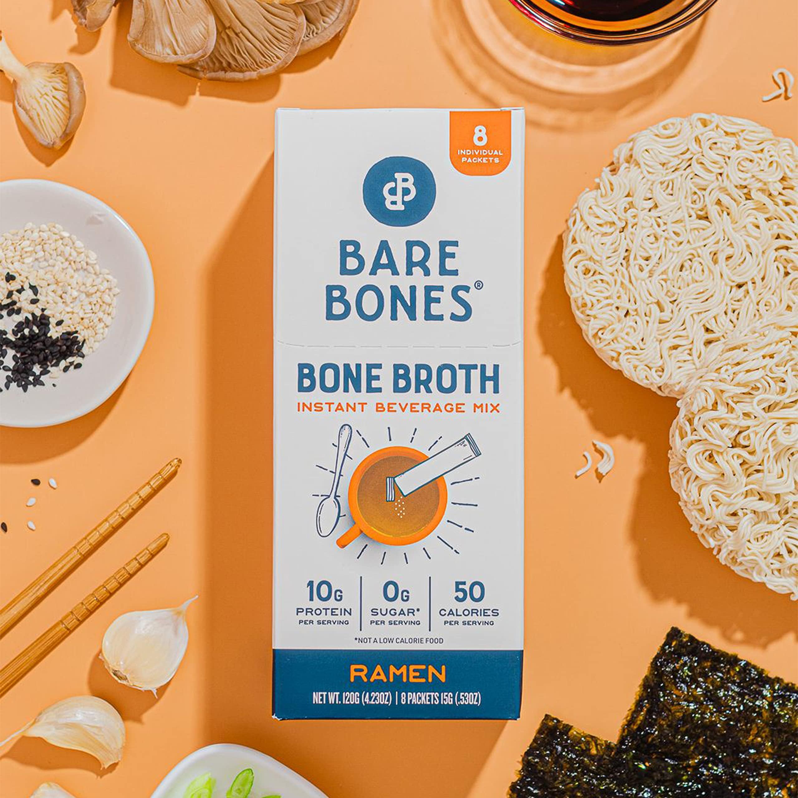 Bare Bones Ramen cup prepared with hot water for quick nourishing drink.