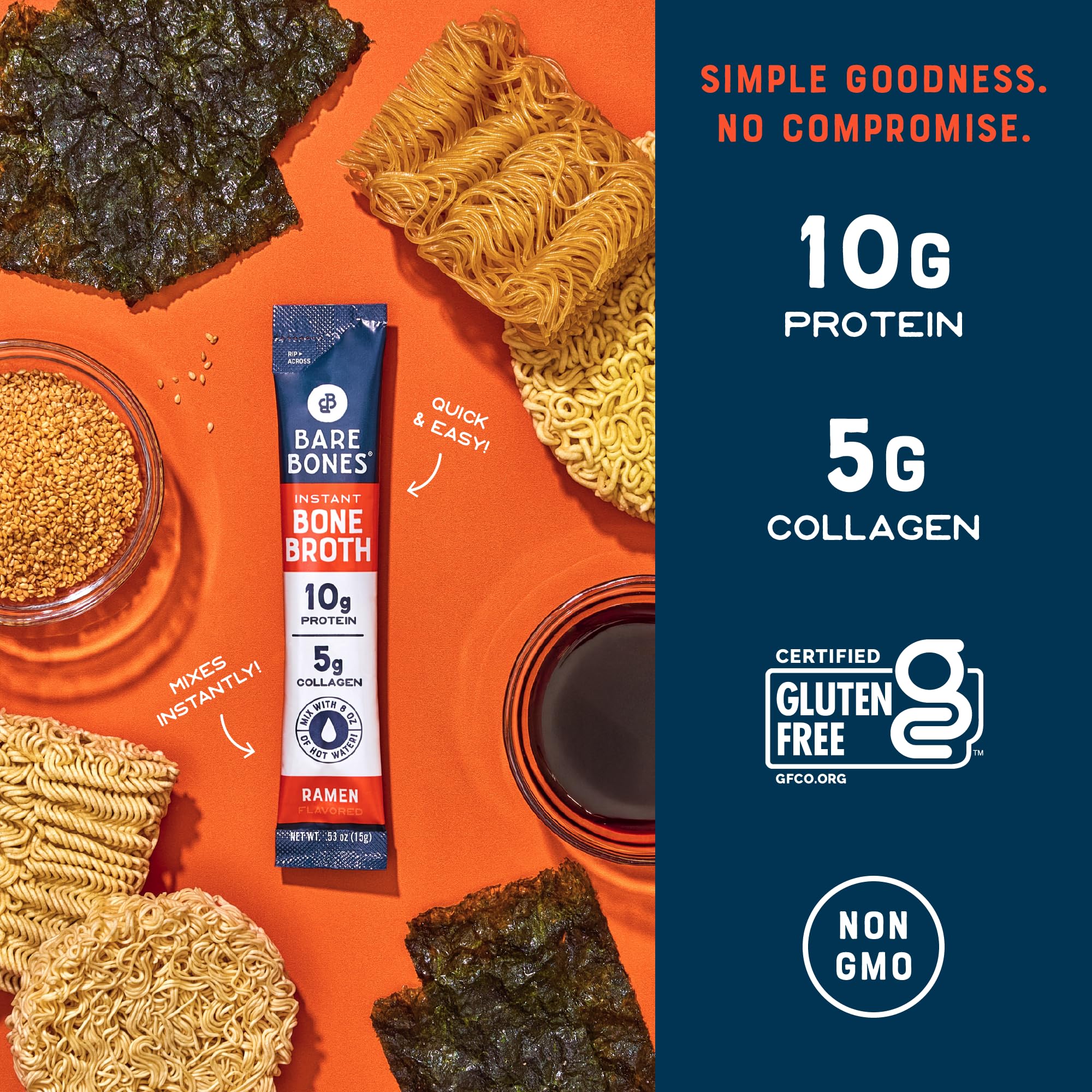 Bare Bones Ramen premium ingredients like shiitake, ginger, sesame oil visible on packet.