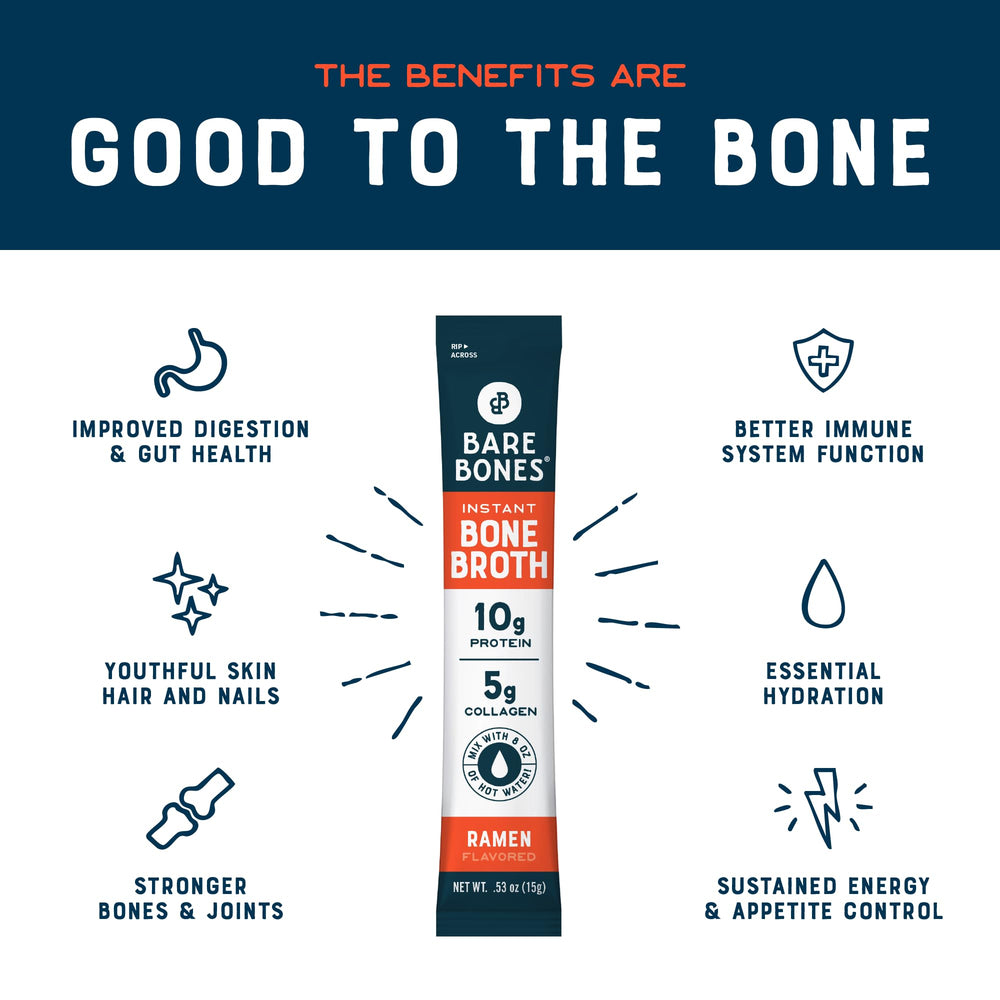 Bare Bones Ramen serving highlighting 10g protein content and collagen.