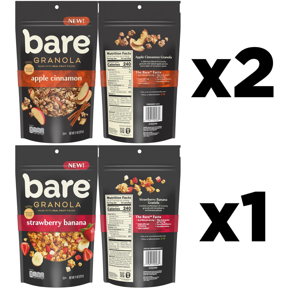 Bare Granola Variety Pack packaging showcases gluten-free, whole-grain appeal.