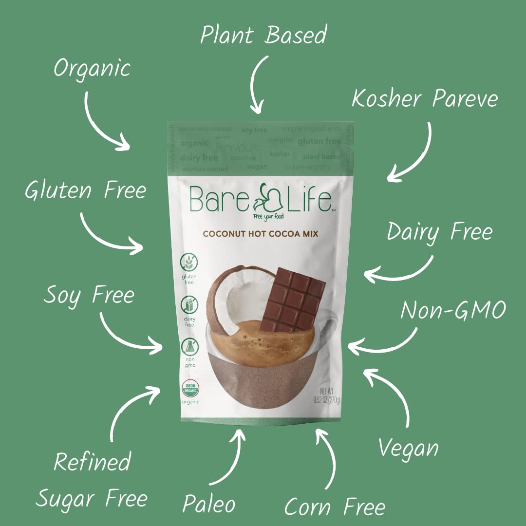 Bare Life coconut hot cocoa pouch showing an organic label for clean, plant-based comfort