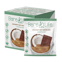 Bare Life coconut hot cocoa packaging highlighting organic ingredients for clean sipping