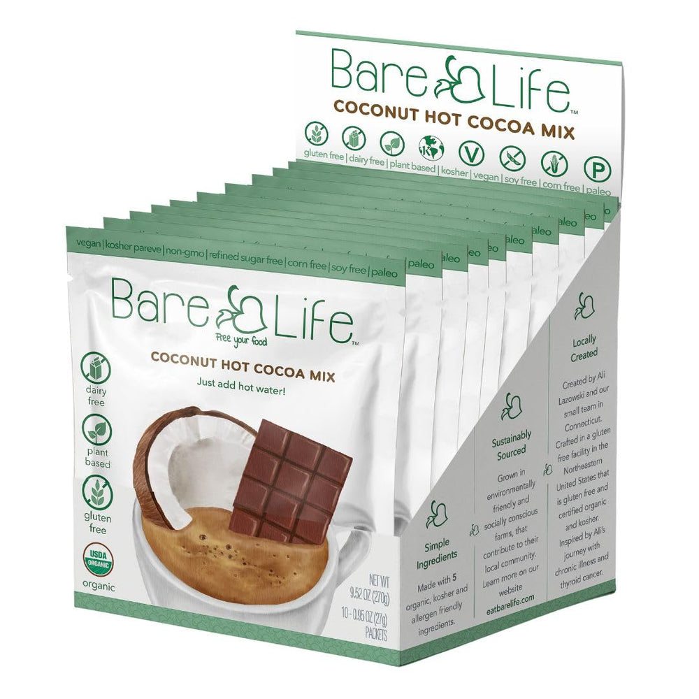 Organic, gluten-free badge on Bare Life coconut hot cocoa packaging