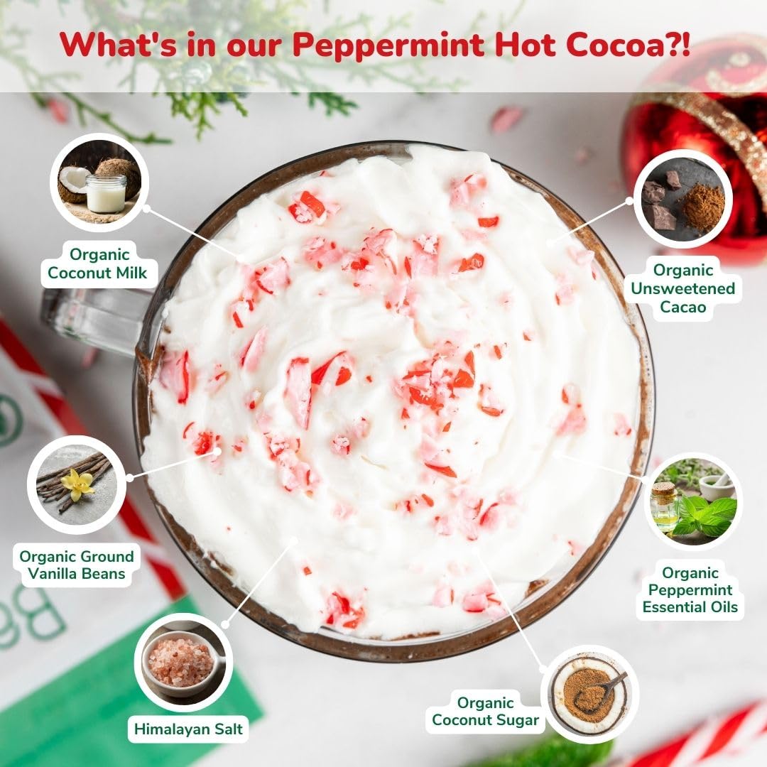 Graphic of six ingredients: coconut milk powder, coconut sugar, cacao, vanilla, salt, peppermint.