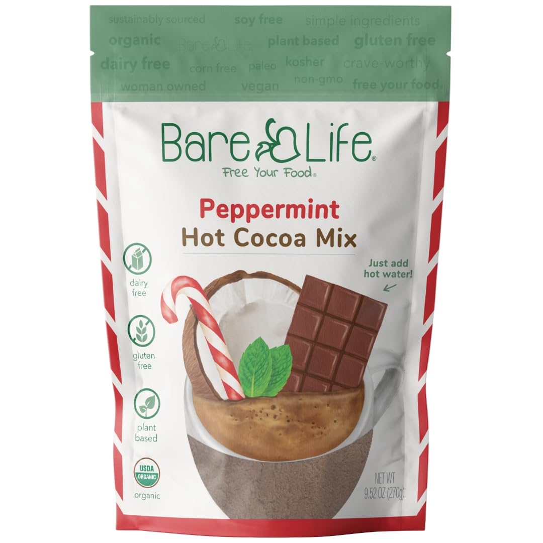 Bare Life Peppermint Hot Cocoa packaging highlighting six simple organic ingredients.