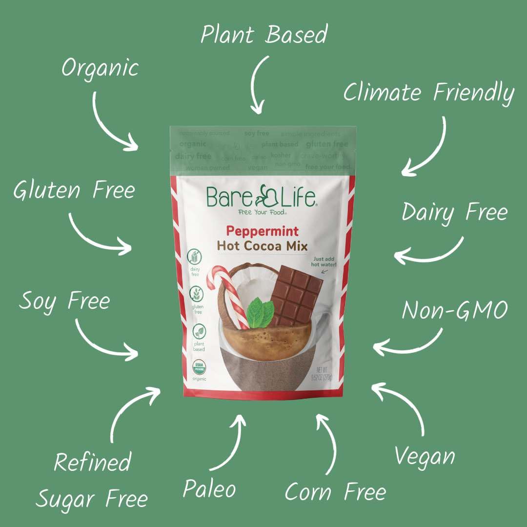 Eco-friendly packaging for Bare Life Peppermint Hot Cocoa and sustainable sourcing.