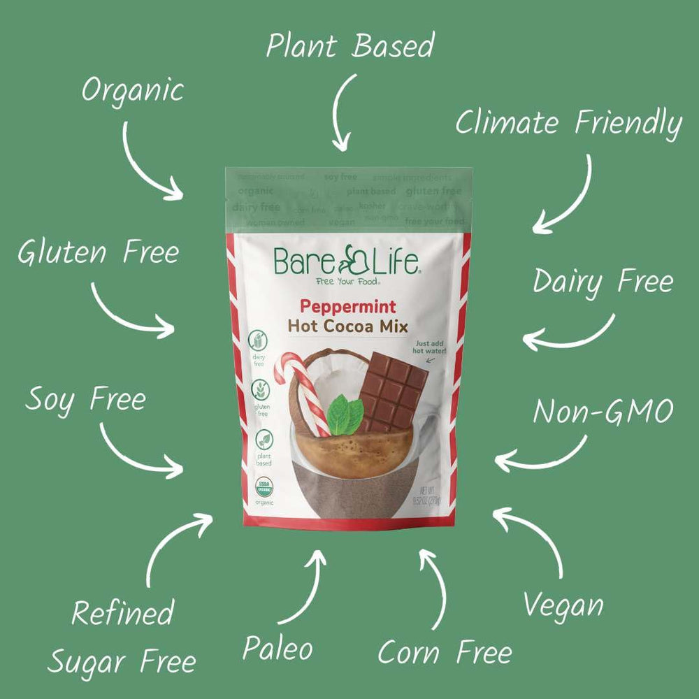 Eco-friendly packaging for Bare Life Peppermint Hot Cocoa and sustainable sourcing.