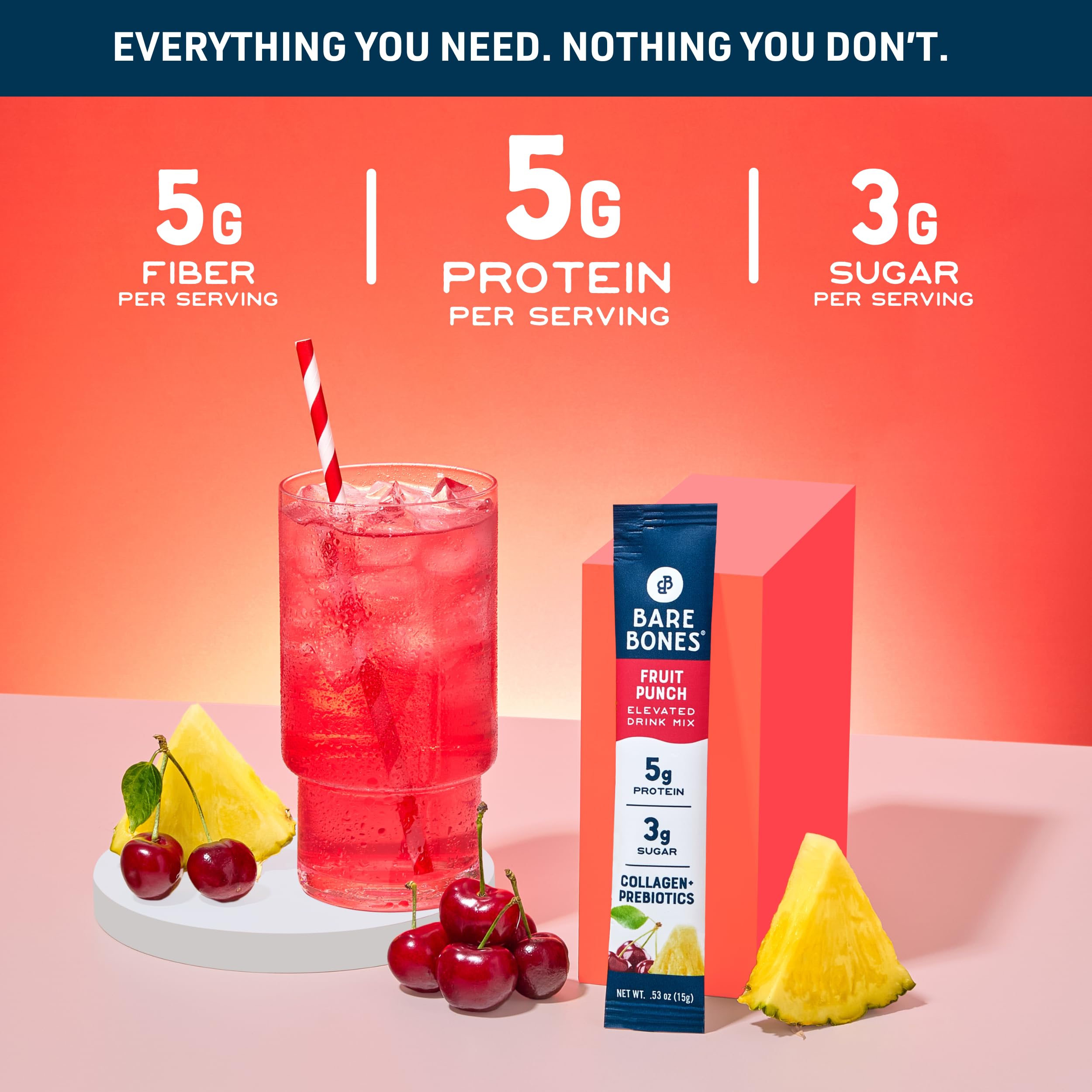 Bare Bones Fruit Punch ready-to-mix drink poured over ice for refreshment