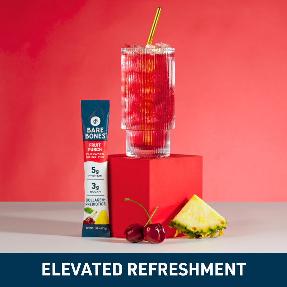 Bare Bones Fruit Punch on gym bag for post-workout hydration
