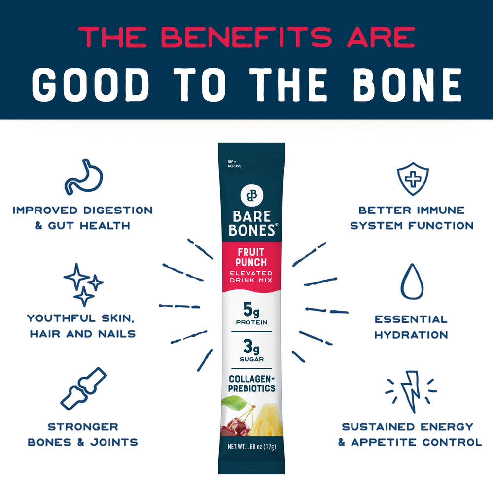 Bare Bones Fruit Punch packaging highlights gluten-free and prebiotic